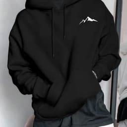 Men's Autumn and Winter Casual Fashion Loose Mountain Graphic Print Long Sleeved Hooded Sweatshirt Warm Pullover