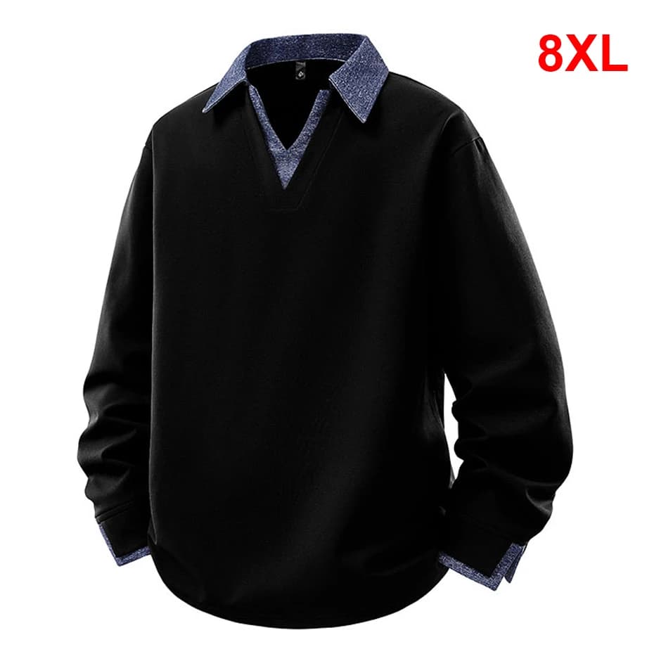 8XL Plus Size Sweatshirts Men Spring Autumn Fake Two-piece V-neck Sweatshirt Fashion Casual Pullover Male Big Size 8XL