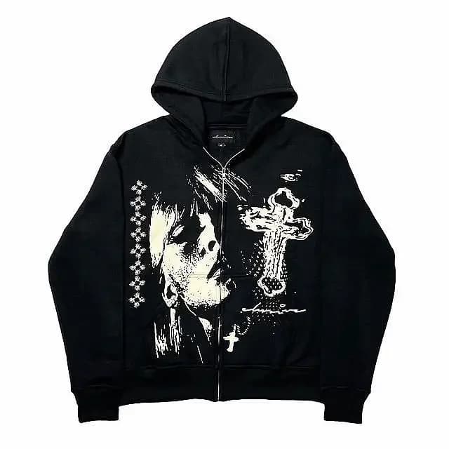 2024 American Retro Cross Print New Black Loose Zipper Hoodie Men's Street Harajuku Super David Jacket Y2K Punk Couple Jacket