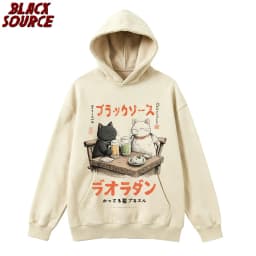 T147 Men's Japanese Harajuku Funny Drinking Cat Hoodie, Cartoon Graphic Pullover Sweatshirt, Unisex Casual Hip Hop Streetwear