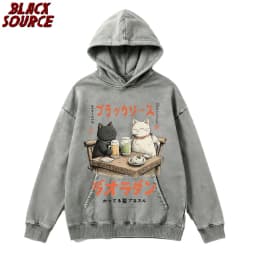 T147 Men's Japanese Harajuku Funny Drinking Cat Hoodie, Cartoon Graphic Pullover Sweatshirt, Unisex Casual Hip Hop Streetwear
