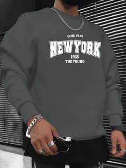 Men's Autumn and Winter Fashionable Casual Loose New York Letter Graphic Printed Long-Sleeved Round-Neck Sweatshirt