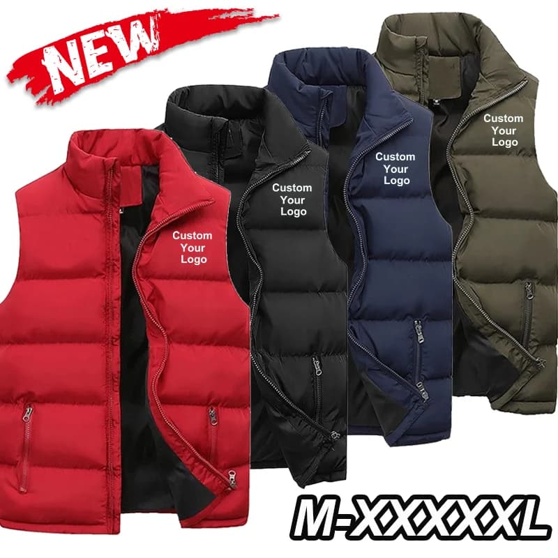Fashion Men's Custom Your Logo Casual Jacket Fashionable Warm Down Vest Slim Fit Sleeveless Thicken Stand Collar Vest Jacket