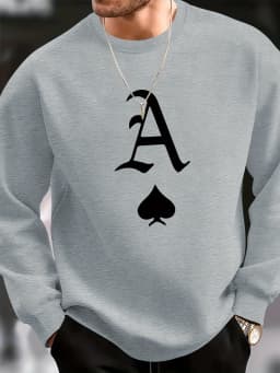 Men's Autumn and Winter Fashionable Casual Loose Poker Card A Print Fleece Pullover Long Sleeved Round Neck Sweatshirt