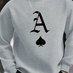 Men's Autumn and Winter Fashionable Casual Loose Poker Card A Print Fleece Pullover Long Sleeved Round Neck Sweatshirt