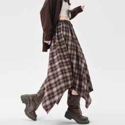 French Vintage Plaid Wrap Skirts for Women Autumn High Waist Pleated A-Line Maxi Skirts Irregular Long Skirts Female Clothing