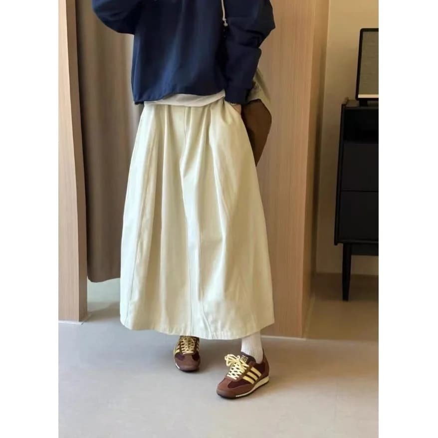 Retro Japanese Style Workwear High Waist Loose A-Line Midi Skirt for Women Hip Concealing Pear Body Shape Summer New Arrival