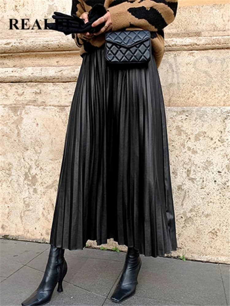 Black PU-leather Pleated Skirt New Women High Waist Fashionable All-match A-Line mi-long Skirt Female
