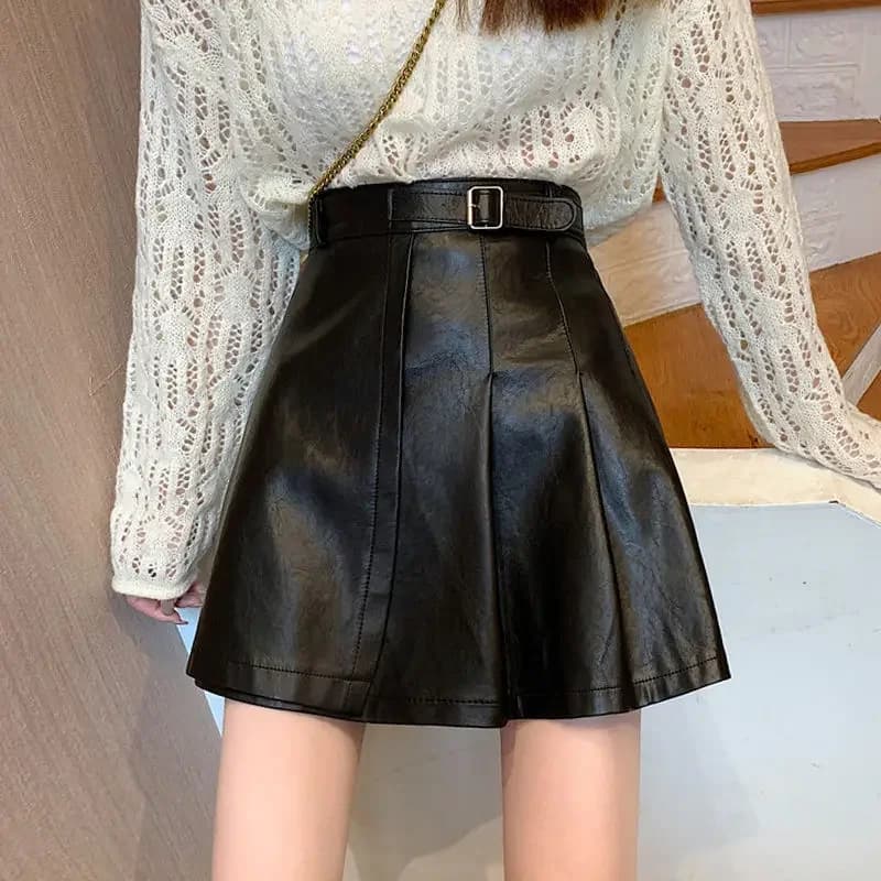 2025 New Faux Leather Skirt Women Korean Solid PU Black/White High Waist Skirts Woman