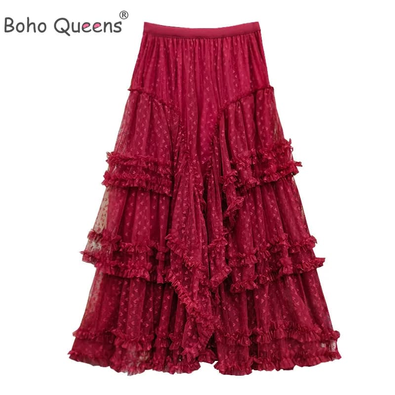 Boho Queens Women Irregular Hem High Waist Pleated embroidery Maxi Skirt Fashion Mesh Loose Puffy Skirt Fairy Cake Skirts