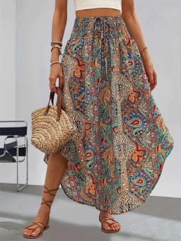 Europe and the United States Fashion Women's Exotic Wind Pull Rope with High Waist Half Printed Long Skirt Summer Girl
