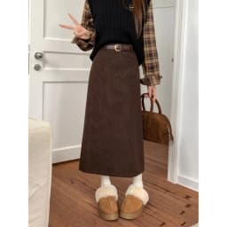 High Waist Slimming Retro Corduroy Midi Skirt Hip Concealing Straight Leg A- Line Wrap Around Skirt for Women Solid Color