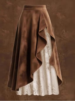 2026 Autumn Women Brown Suede Half Skirt Vintage Western-style Suede And Lace Patchwork Skirt