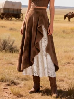 2026 Autumn Women Brown Suede Half Skirt Vintage Western-style Suede And Lace Patchwork Skirt