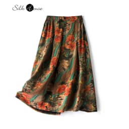2026 Women's Casual Autumn New Style 100% Natural Mulberry Silk Gambiered Guangdong Gauze High Waist Printed A-line Skirt