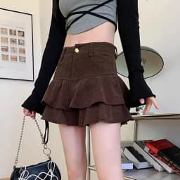 Retro Brown Corduroy Mini Skirt for Women Autumn Winter High-waisted A Line Ruffle Skirts Women Anti-Glare Cake Puff Skirt