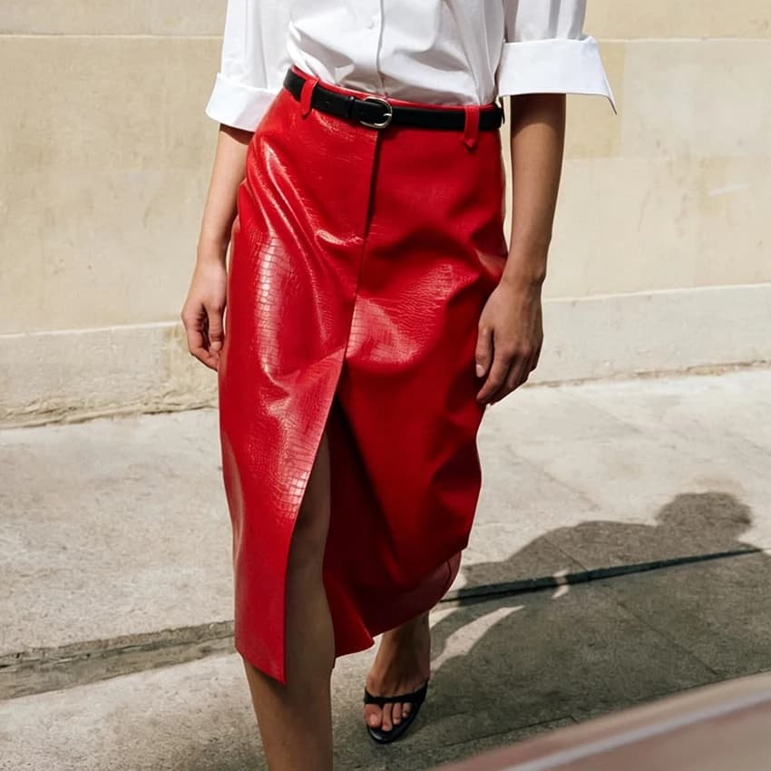 Linad Sexy Red PU Split Skirts For Women Street Chic Slim High Waist Zipper Skirts 2026 Vintage Straight Mid Calf Skirt Female