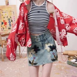 Y2K American Cartoon Flower Patch Embroidery Denim Skirt A Line Short Summer Design for Women