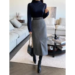Gray Pencil Skirts Belted Elegant Women Slim Office Ladies Casual A-Line High Waist Split Midi Skirt Autumn Winter