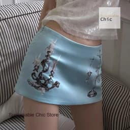 French Fashion Pearl Blue Candlestick Printing Spice Girl Niche High Sense A Word Skirt Female Summer New Temperament Skirt.