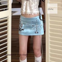French Fashion Pearl Blue Candlestick Printing Spice Girl Niche High Sense A Word Skirt Female Summer New Temperament Skirt.