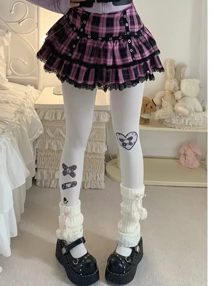 Punk Harajuku Hottie Vintage Plaid Skirts Women Y2k Japanese Sweet Lace Patchwork Short Skirt Female Summer Gothic Streetwear