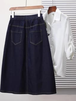 Spring 2025 plus Size Elastic Waist Denim Midi A-Line Skirt Slimming Loose Fit Half-length Skirts Women's Fashion Commute