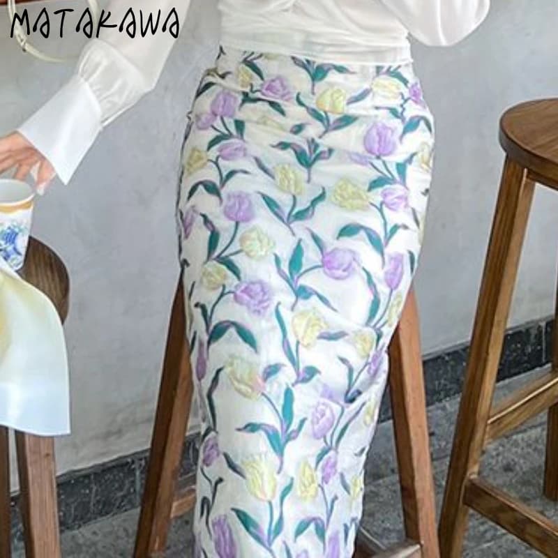 Matakawa Jacquard Floral Skirts for Women Spring Summer Sweet Korean Fashion Faldas Mujer Elegant Office Lady Long Skirt
