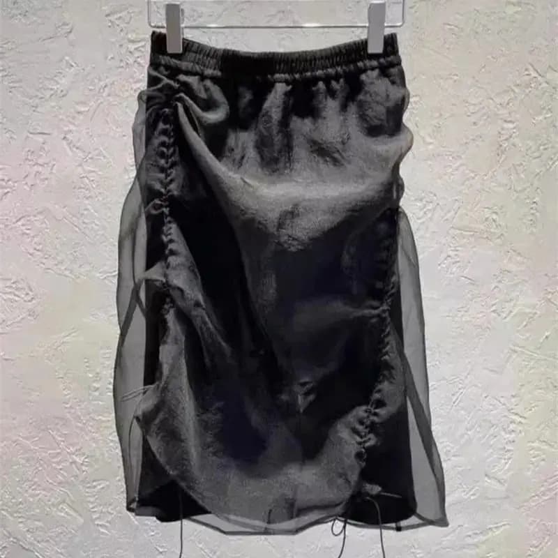 Y2K Harajuku Black Drawstring Skirt Fashion Organza Patchwork Midi Skirts Women Elastic Waist Asymmetric Streetwear Jupe A020