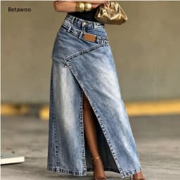 Ladies Vintage Washed Denim Long Skirt Irregular Overlap Design High Split Maxi Skirt High Waist Fashion Casual