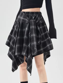 Y2K Plaid Skirt Women Vintage Strappy Asymmetrical Midi High Waist Slimming Casual A Line Short Skirt