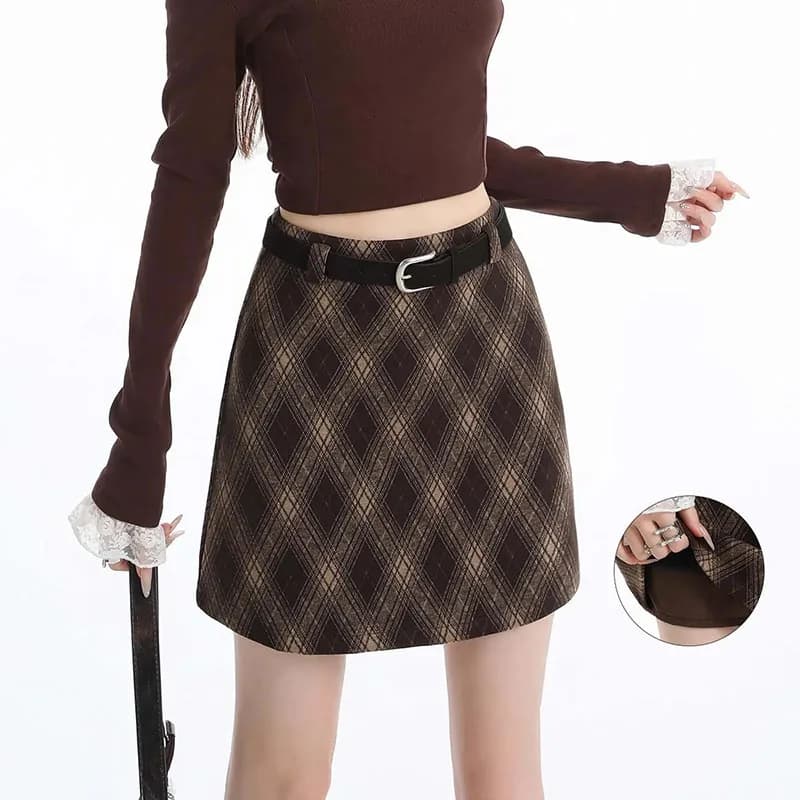 Vintage Argyle Plaid Skirt for Women 2026 Autumn Winter New High Waist Woolen Checkered Skirt Woman Korean Chic Bodycon Skirts