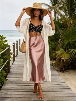 Minimalist Satin Midi Skirt High Waist Bias Cut Flowy Hem Top for Office & Casual Streetwear