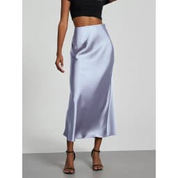 Minimalist Satin Midi Skirt High Waist Bias Cut Flowy Hem Top for Office & Casual Streetwear