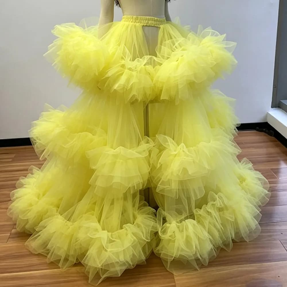 Real Pics Christmas Overlay Skirt Long Elastic Waist Layered Tulle Skirts Puffy Yellow Dance Show Performance Skirt