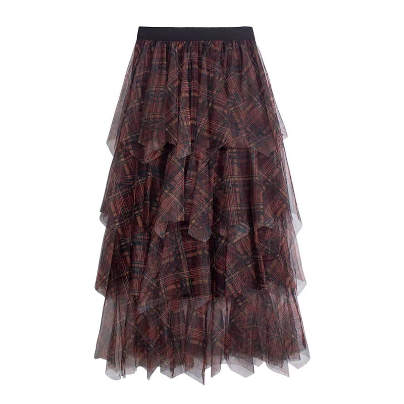 Checkered mesh skirt 2025 autumn and winter irregular layered cake skirt high waist slimming mid length skirt for women new