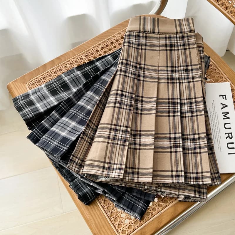 High Waist A-Line Skirt Summer New Plaid Pleated Anti-Light Small Size Women's Fashion Short Skirt Gathered Zipper Style