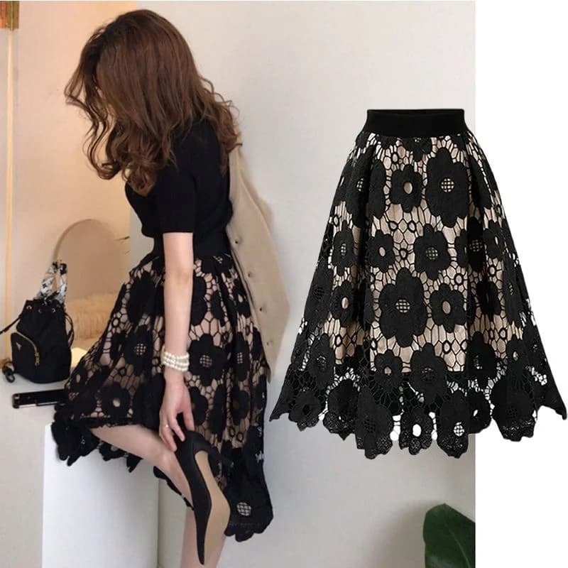 plus Size Lace A-Line Skirt High Waist Asymmetrical Women's Spring Summer Fashion Slimming Meat Covering Skirts