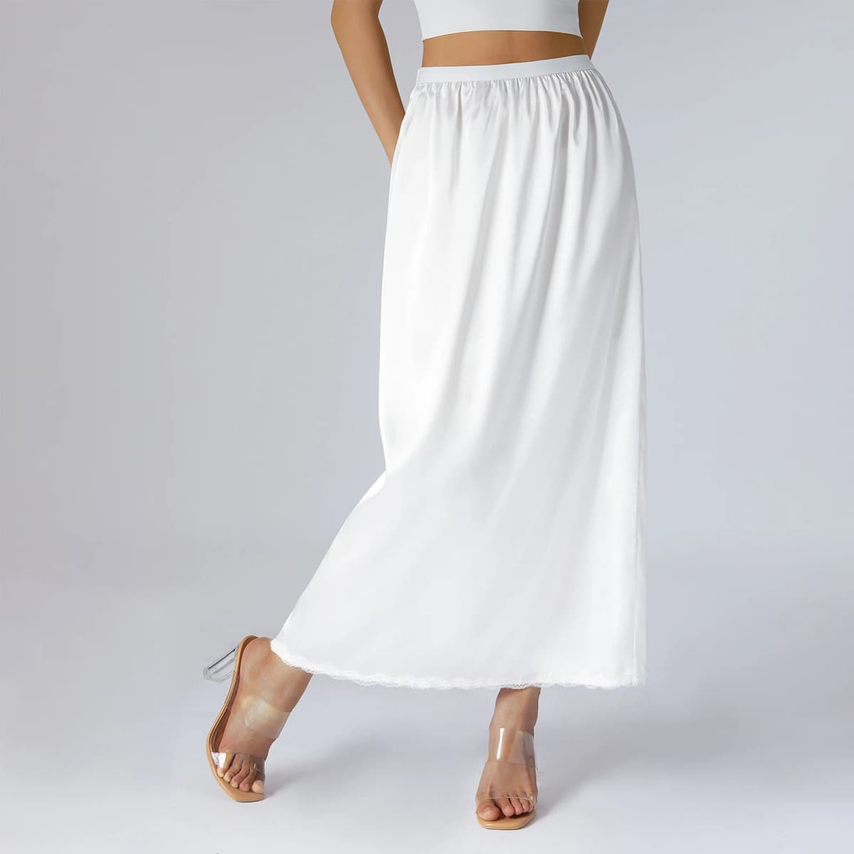 Women's spring and summer half petticoat, midi skirt solid color elastic waist lining, women's long petticoat