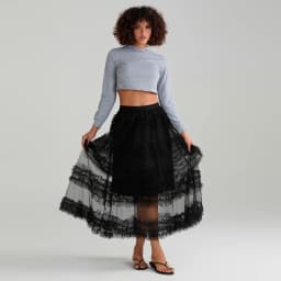 Women's Tulle A-Line Long Skirt High Waist Sheer Mesh Tiered Ruffled Skirt for Summer Spring