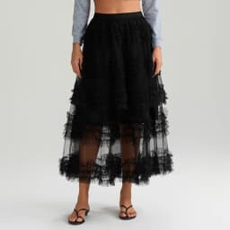 Women's Tulle A-Line Long Skirt High Waist Sheer Mesh Tiered Ruffled Skirt for Summer Spring