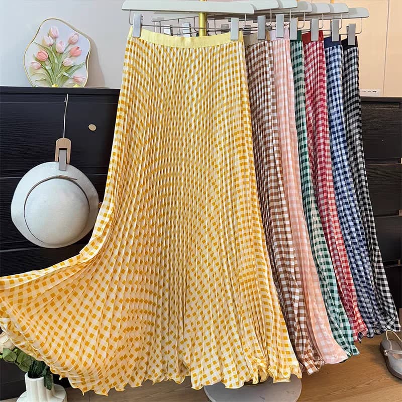 Spring Summer Tall Women's High Waist Pleated Skirt - Korean Elegant Ruffle Trim Flared Maxi Skirt with Wide Hem