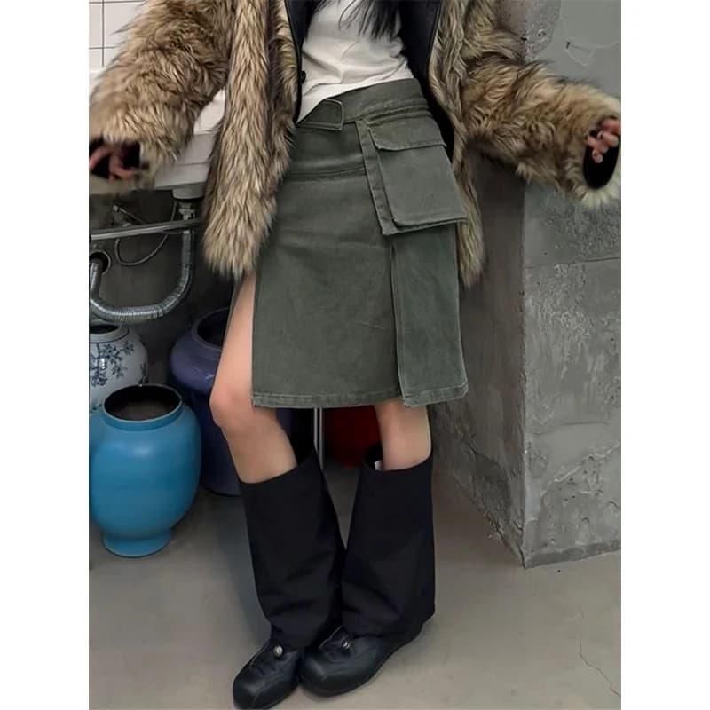 Y2K 2000S Cargo Mini Skirt Women Streetwear Sexy Split Asymmetrical Skirts Summer Gyaru Harajuku Grunge Casual Design Faldas New
