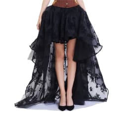 Fashion Women Irregular Ruffle Hem Skirt Summer Floral Embroidery Elastic Waist Gothic Tulle Skirt Black/White