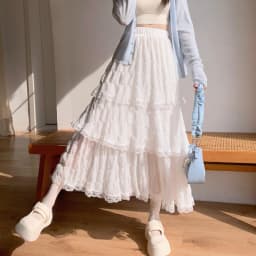 Sweet Lace Women Cake Puff Chiffon Skirts Summer Stylish Tierred Pleated Hem Solid Long Skirt Korean A-Line High Waist Skirts