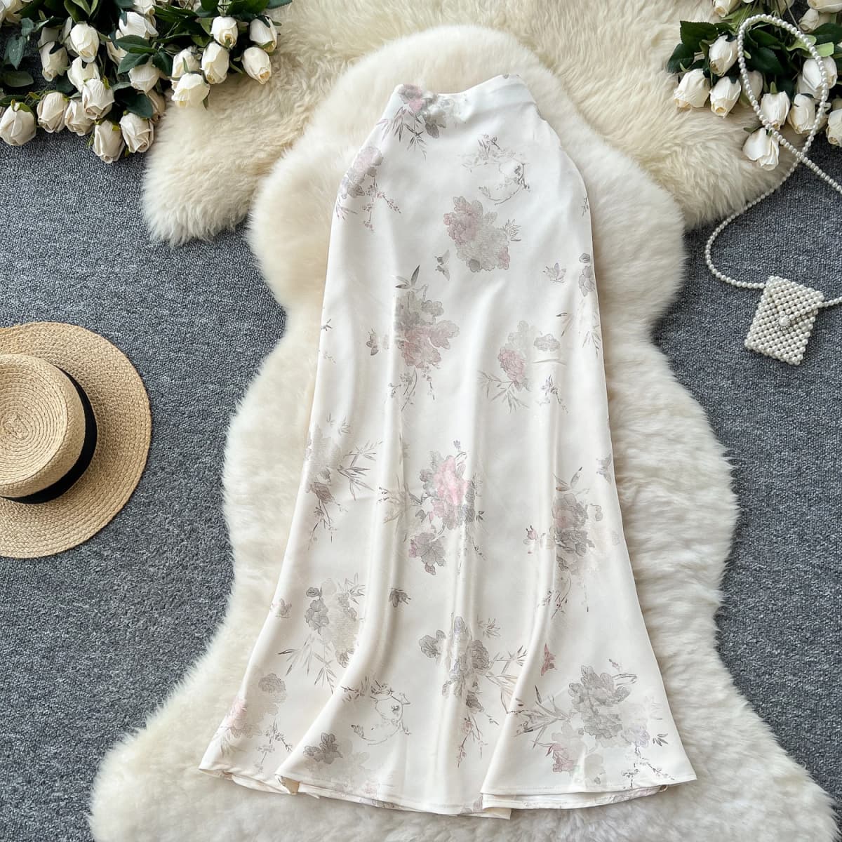 Sexy satin Chic print glitterHigh Waist Hip Wrap summer split sweet Full Skirt women clothing