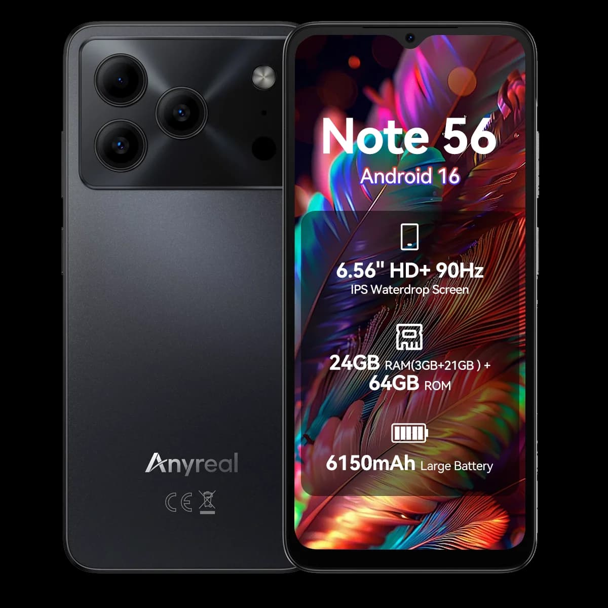 DOOGEE Anyreal Note 56 Smartphone, Android 16, 6.56" HD+ 90Hz IPS Waterdrop Screen, 6150mAh Large Battery, UNISOC SC9863A Octa Core, 24GB RAM(3GB+21GB Extended RAM)+64GB ROM, 8MP Rear+5MP Front Camera, Face Unlock, 3.5mm Headphone Jack Mobile Phone