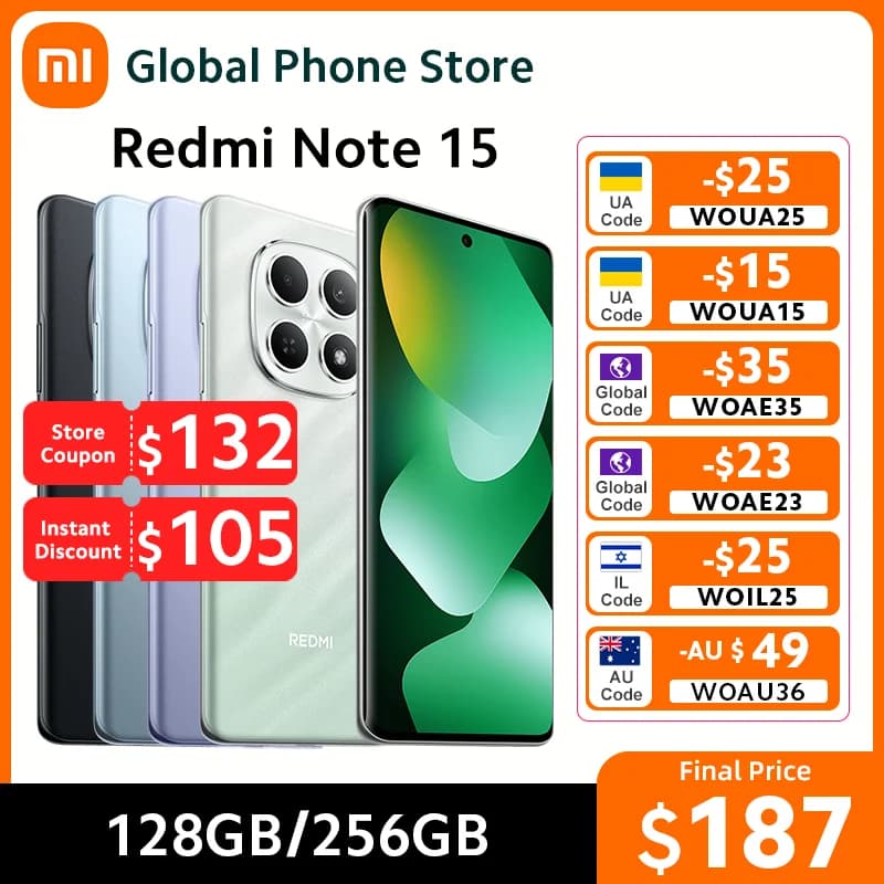 Global Version Xiaomi Redmi Note 15 4G 128GB / 256GB RAM Smartphone 6.77" AMOLED 108MP Camera MTK Helio G100-Ultra 33W 6000mAh