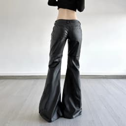 Women Low Waist PU Flared Pants Autumn New High Street Black Splicing American Simple Fashion Slim Leather Trousers