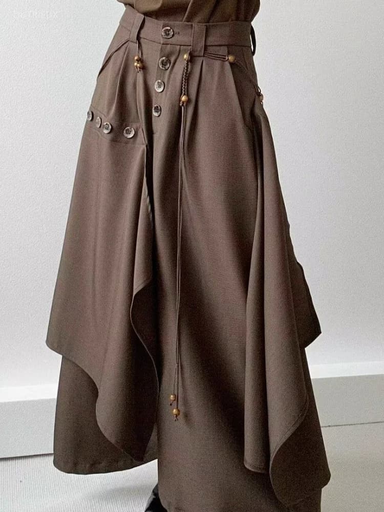 Y2k Harajuku Vintage Japanese Pants Button Irregular High Waist Solid Color Wide Leg Pants Casual Loose Design Women's Clothing